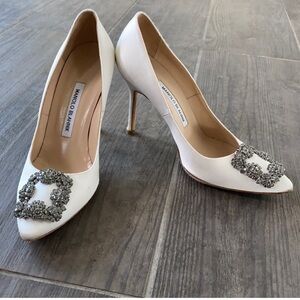 Manolo Blahnik Hangisi 105 White Satin Jewel Buckle Pumps, Sz 38 (8 US)